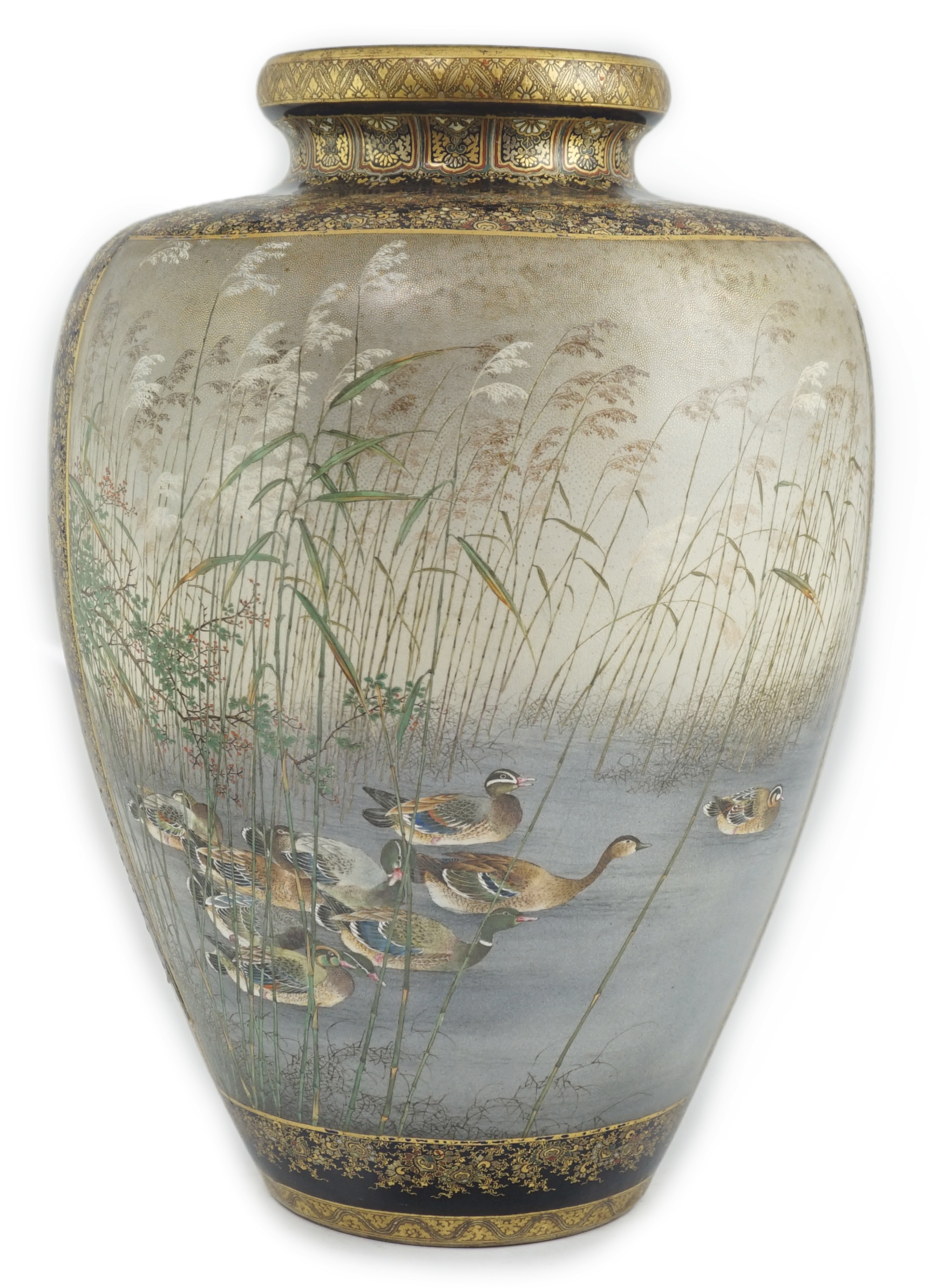 An exhibition size Japanese Satsuma pottery vase, by Kinkozan, Meiji period, star crack to one side